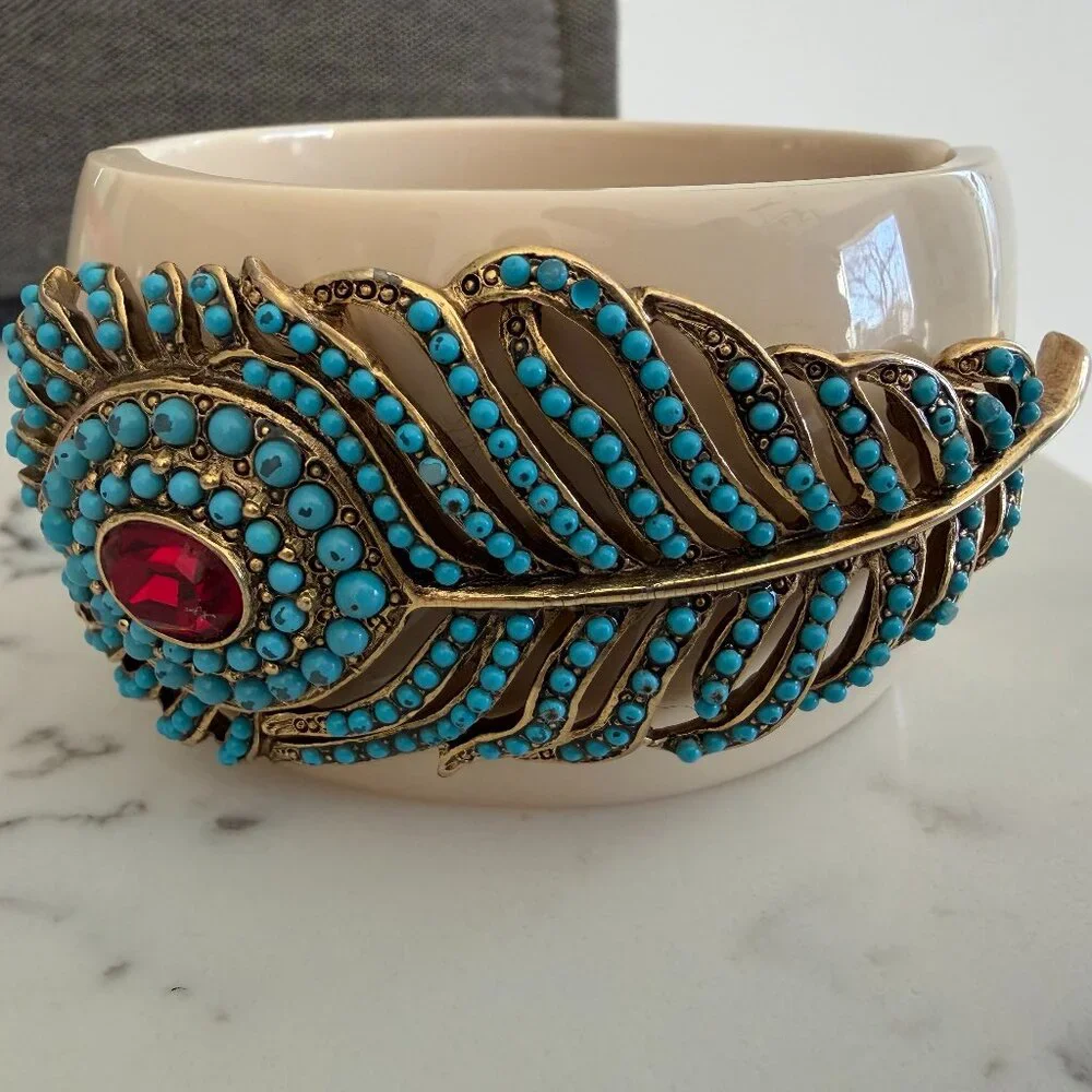 Kenneth Jay Lane Turquoise and Red Feather Bracelet - Picture 1 of 2